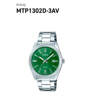 Casio MTP1302D-3AV Green Dial Silver Watch NEW AUTHENTIC